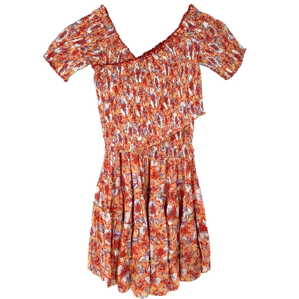 NEW/NWT Poupette St Barth Soledad Floral Print Smocked Mini Dress Size Small Orange - Image 6