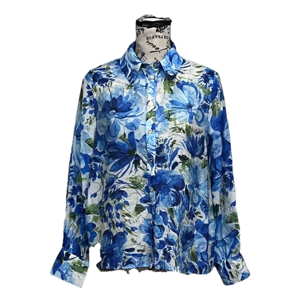 Blue Floral Button-Up Blouse Women’s Romantic Coastal Collared Shirt Long Sleeve - Image 2