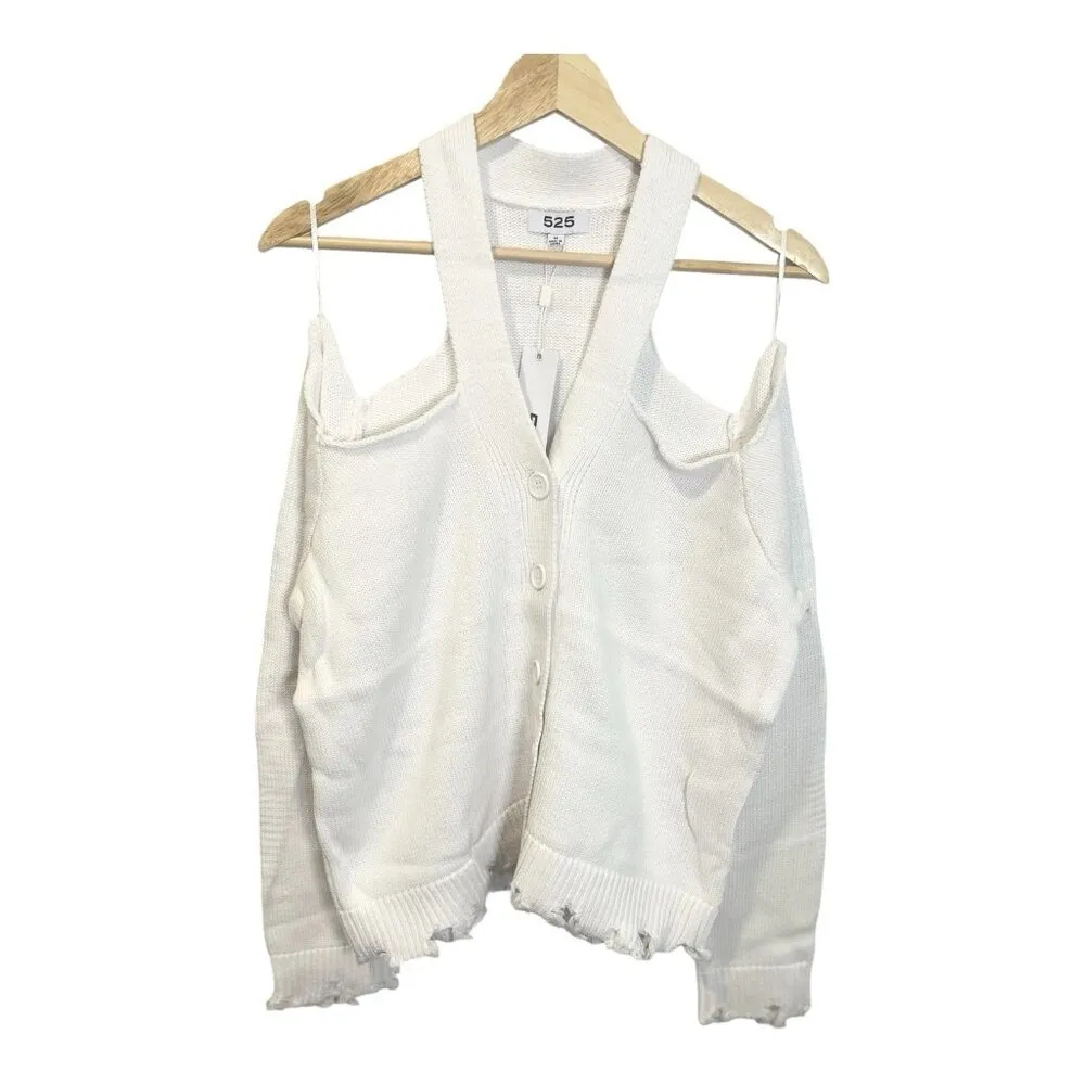 525 America Cut Out Cardigan Sweater Medium Bleach White Distressed Look NWT - Image 3