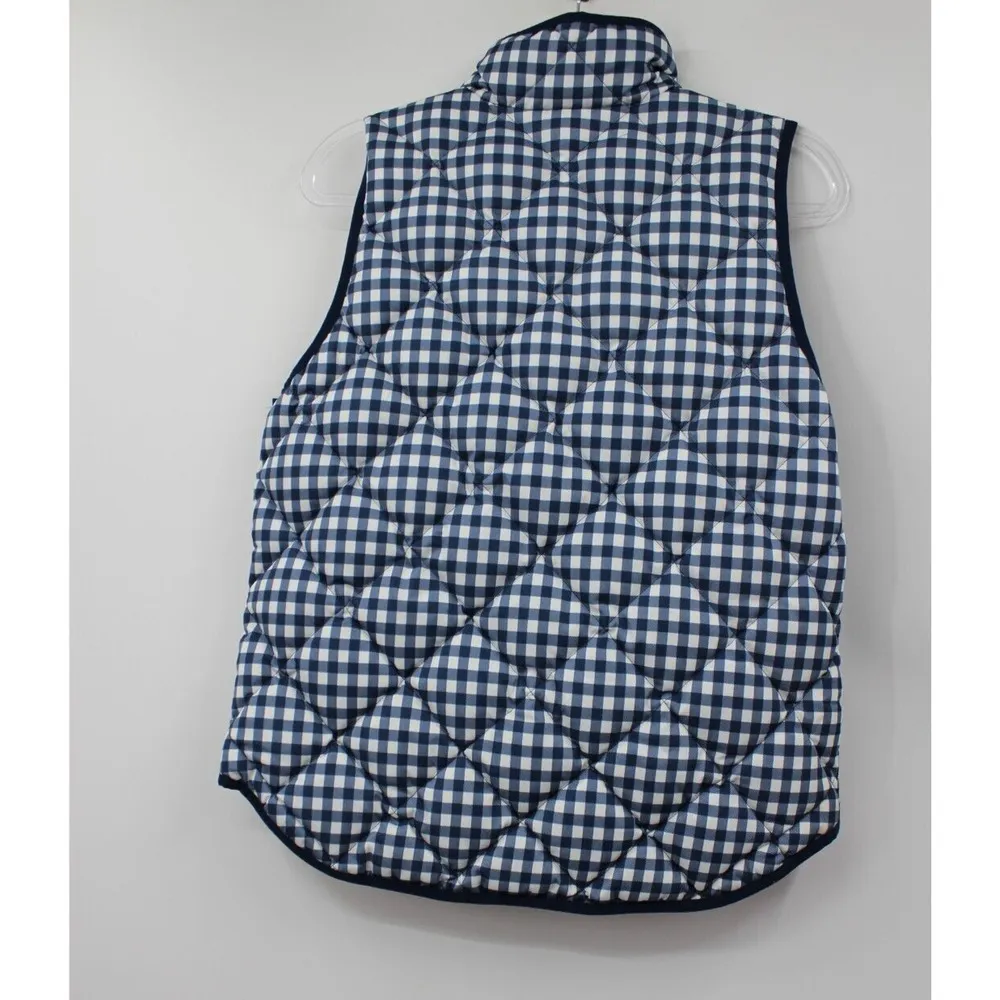 J. Crew Vest Down Puffer Womens Navy White Full Zip Plaid Gingham Feather Medium - Image 2