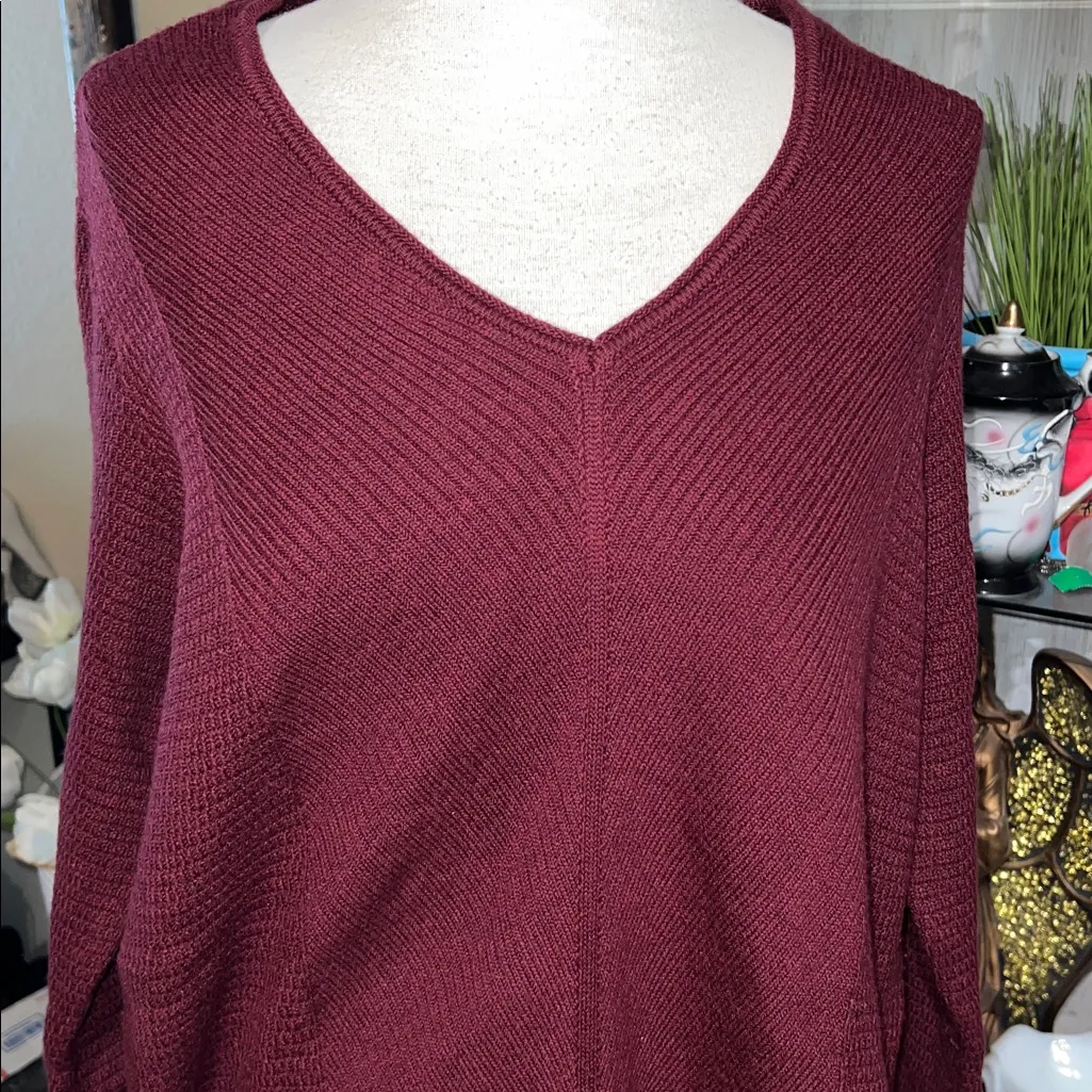 J Jill Knit Sweater Tunic M Maroon Ribbed Long Pullover V Neck Modest Red Size M - Image 2