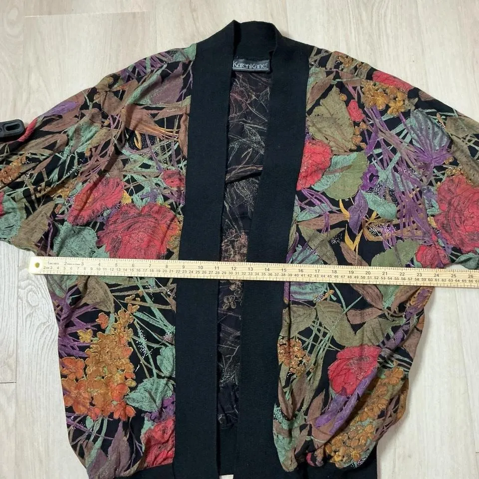 Karen‎ Kane Floral Print Open Front Cardigan Jacket Black Trim - Image 3