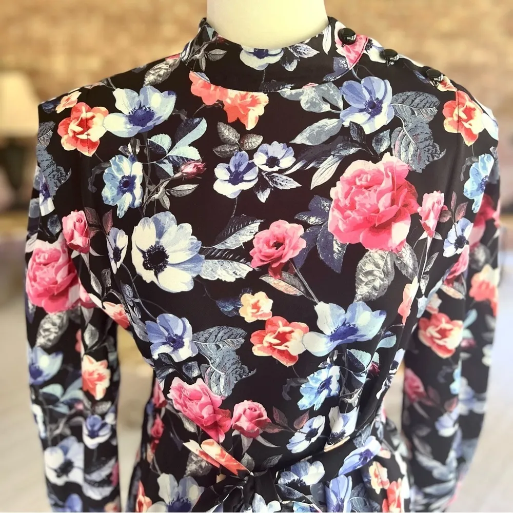 Rebecca Minkoff Trudy Dress Black Floral High Neck Mini XS Long Sleeve Party - Image 4