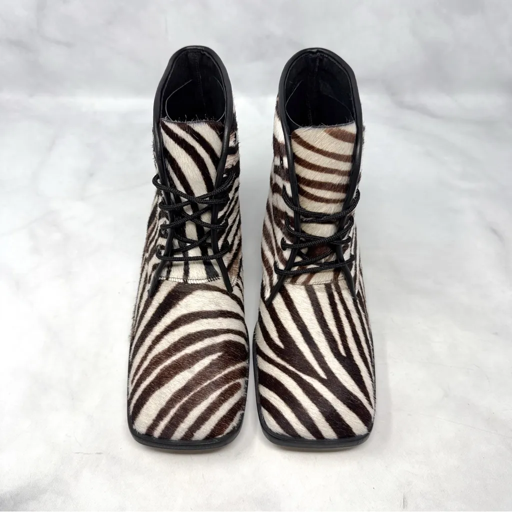 NEW Vintage Stiletto Brand Zebra Calf Hair Square Toe Leather Ankle Boots 8.5 White - Image 4