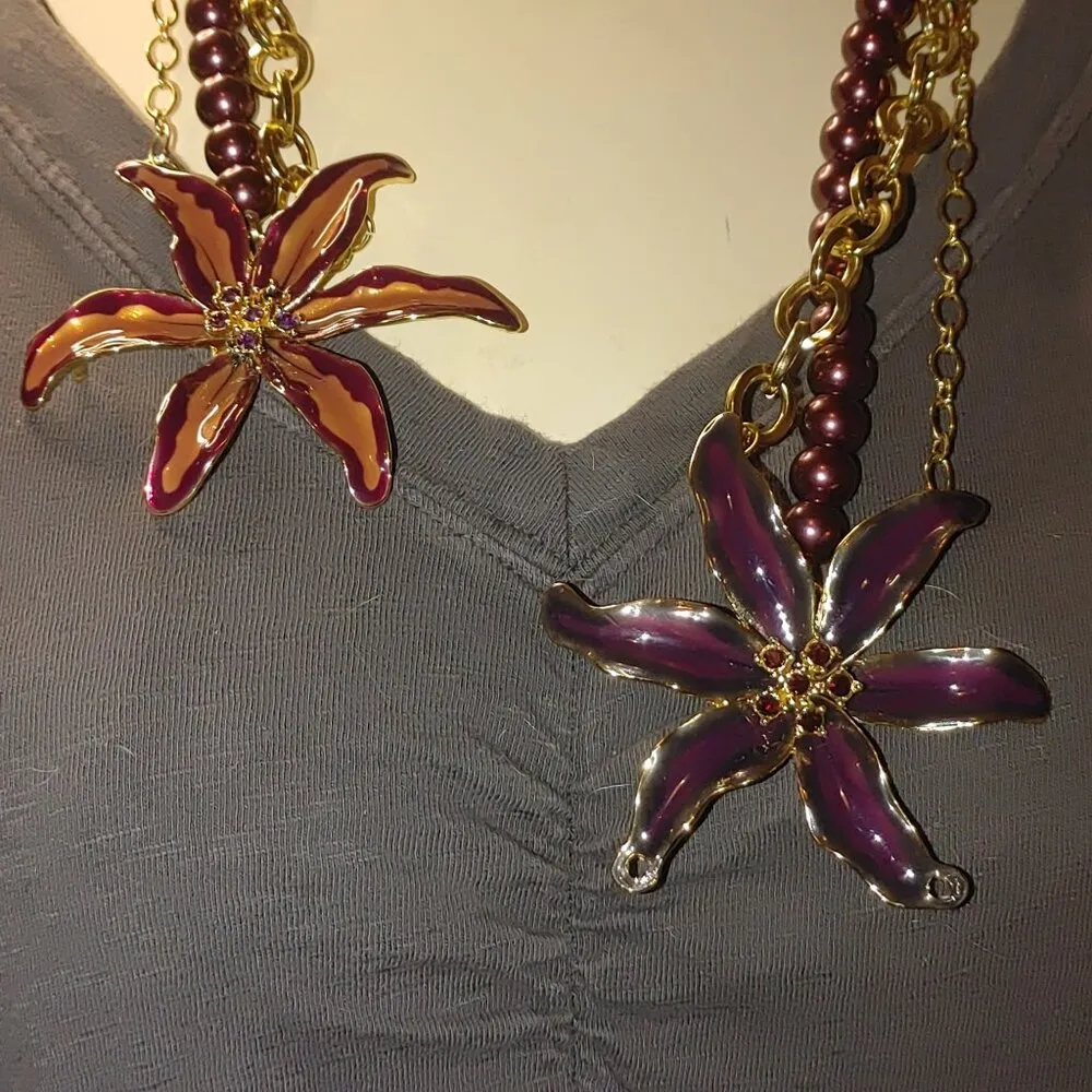 Orchid Necklace Large 3 Strand Vintage Purple Beaded Gold Chain Enamel Flower - Image 10