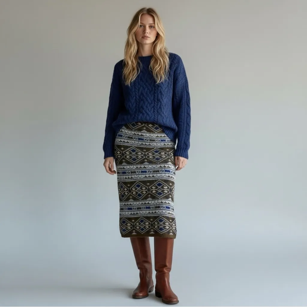 Vintage 70s Wool Acrylic Fair Isle Midi Sweater Skirt Size Small Brown Blue - Image 7