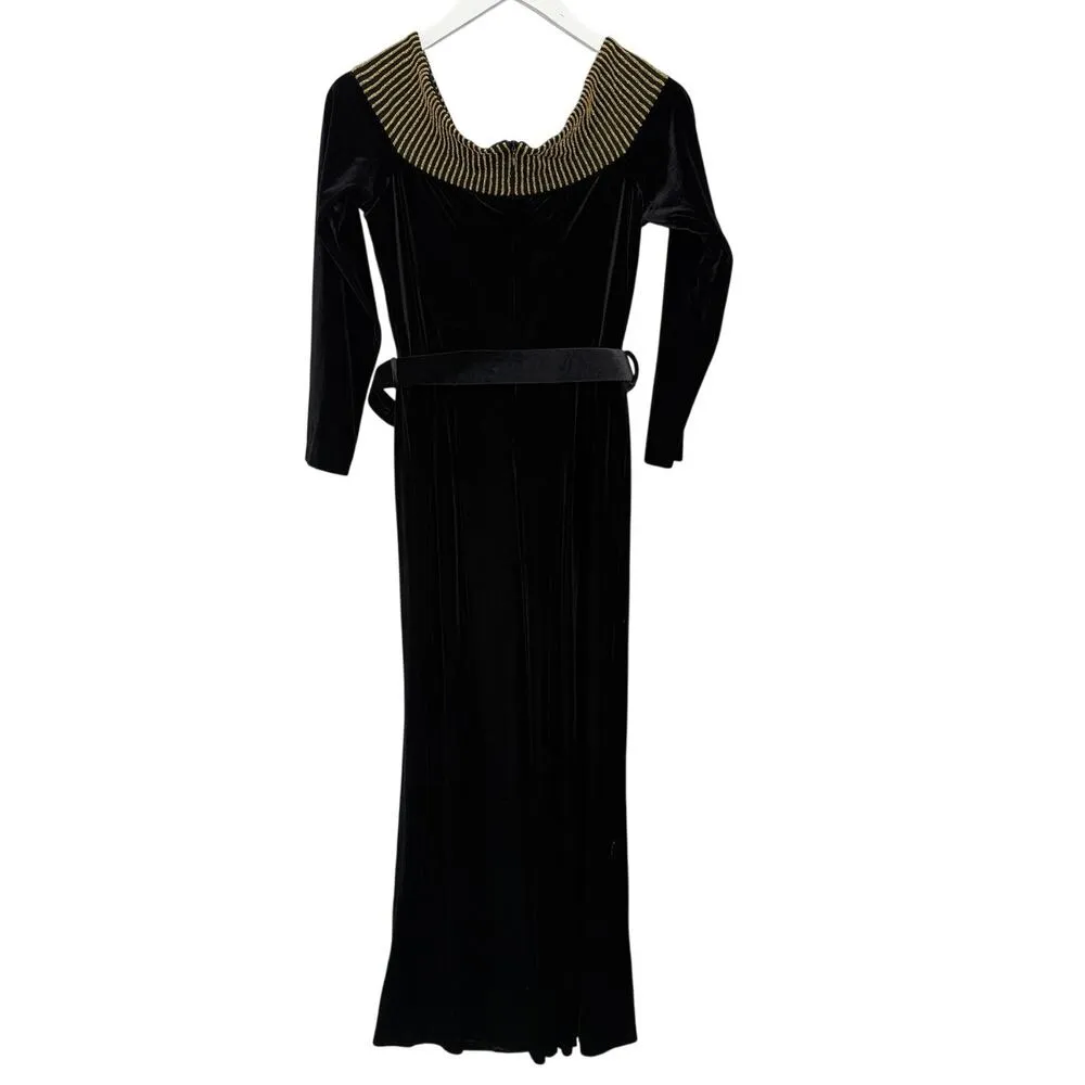Vintage Joseph Ribkoff Black Velvet Jumpsuit Off the Shoulder Gold Belt Size 12 - Image 2