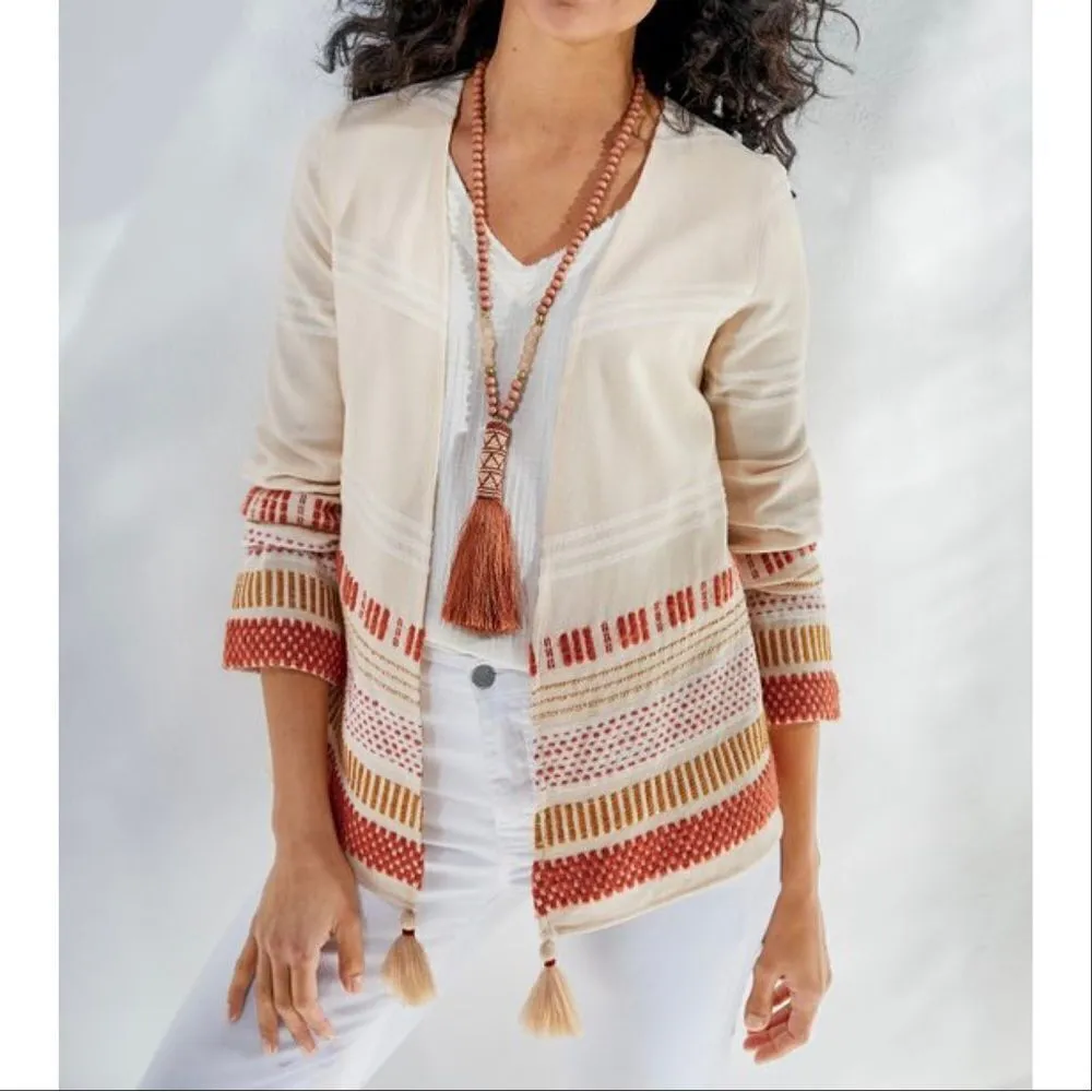 Soft Surroundings Juliet Woven Tasseled Cardigan Topper Jacket Beige Small - Image 2