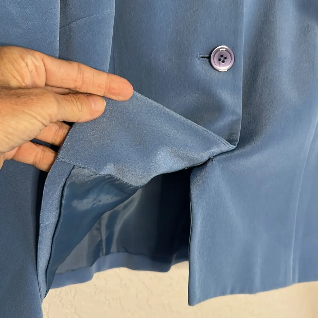 Vintage Talbots 100% Silk Sky Blue Jacket Blazer Button Up Collared Tailored - Image 3