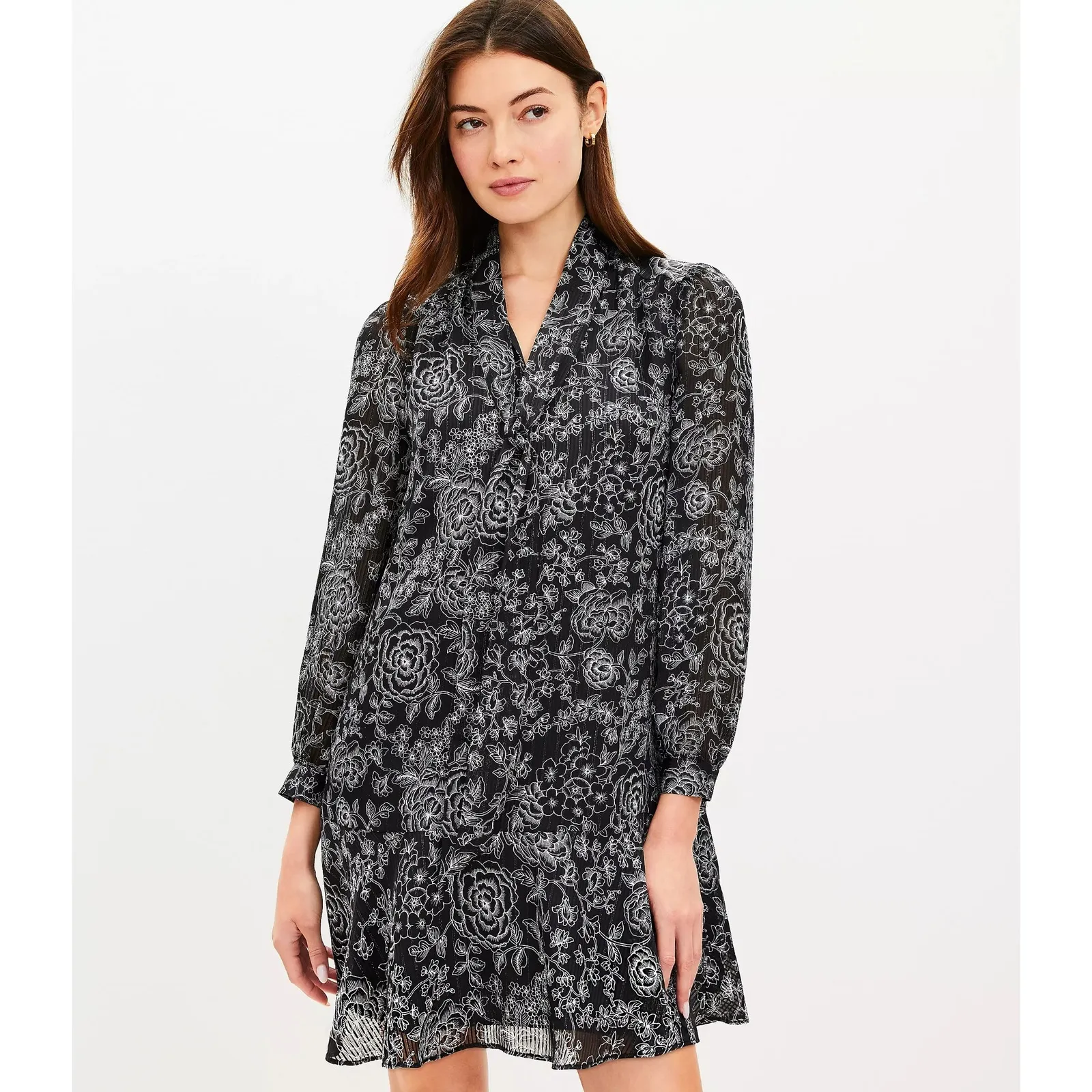 LOFT Etched Floral Bow Flounce Dress Women's Black White Long Sleeve XS NWT - Image 2