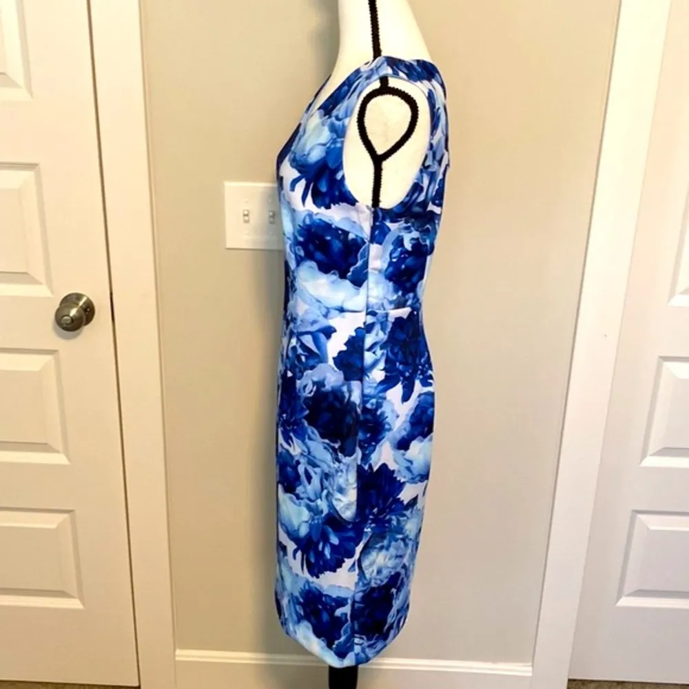 T Tahari|| Blue/white floral lined sheath dress with cross pattern on back - Image 3