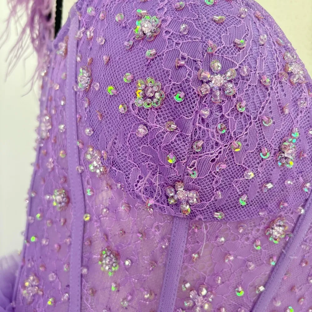 Lavender Tiered Ruffled Prom Dresses with Slit Feather Beaded Sheer Bodice Sz 6 - Image 3