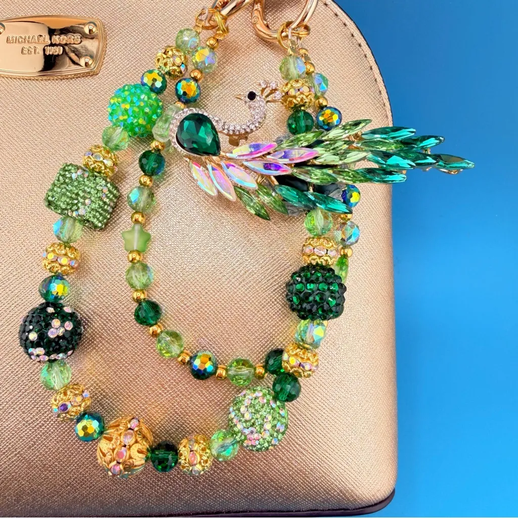 🦚 Luxury Bag/Phone Chain Charm/Keychain Green Rhinestone PEACOCK & Crystal Beads - Image 2