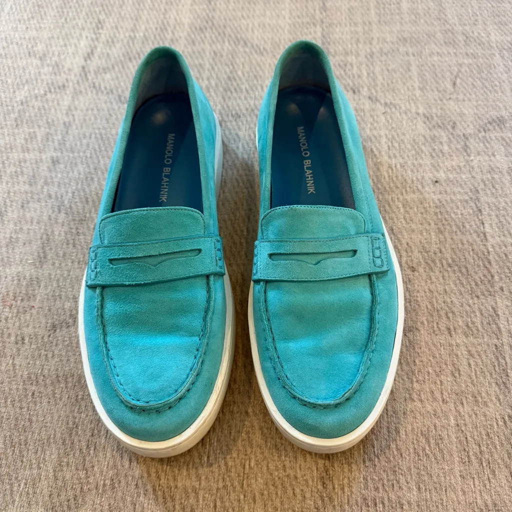 Manolo Blahnik Turquoise Suede Penny Loafers Women’s 39.5 Slip On Italy - Image 2