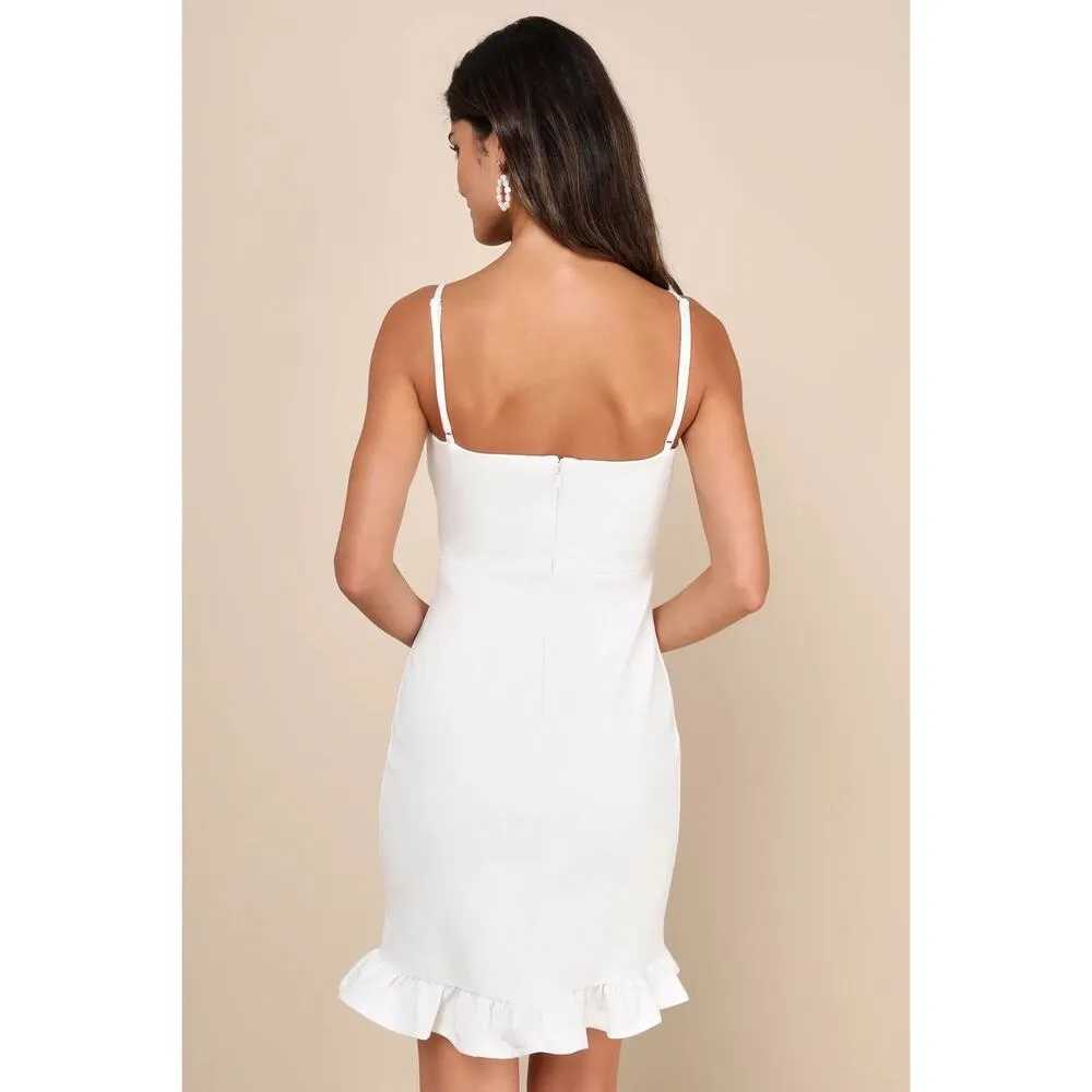 Lulus Spoonful of Sass White Ruffled Bodycon Mini Dress Engagement Wedding Sz L - Image 2