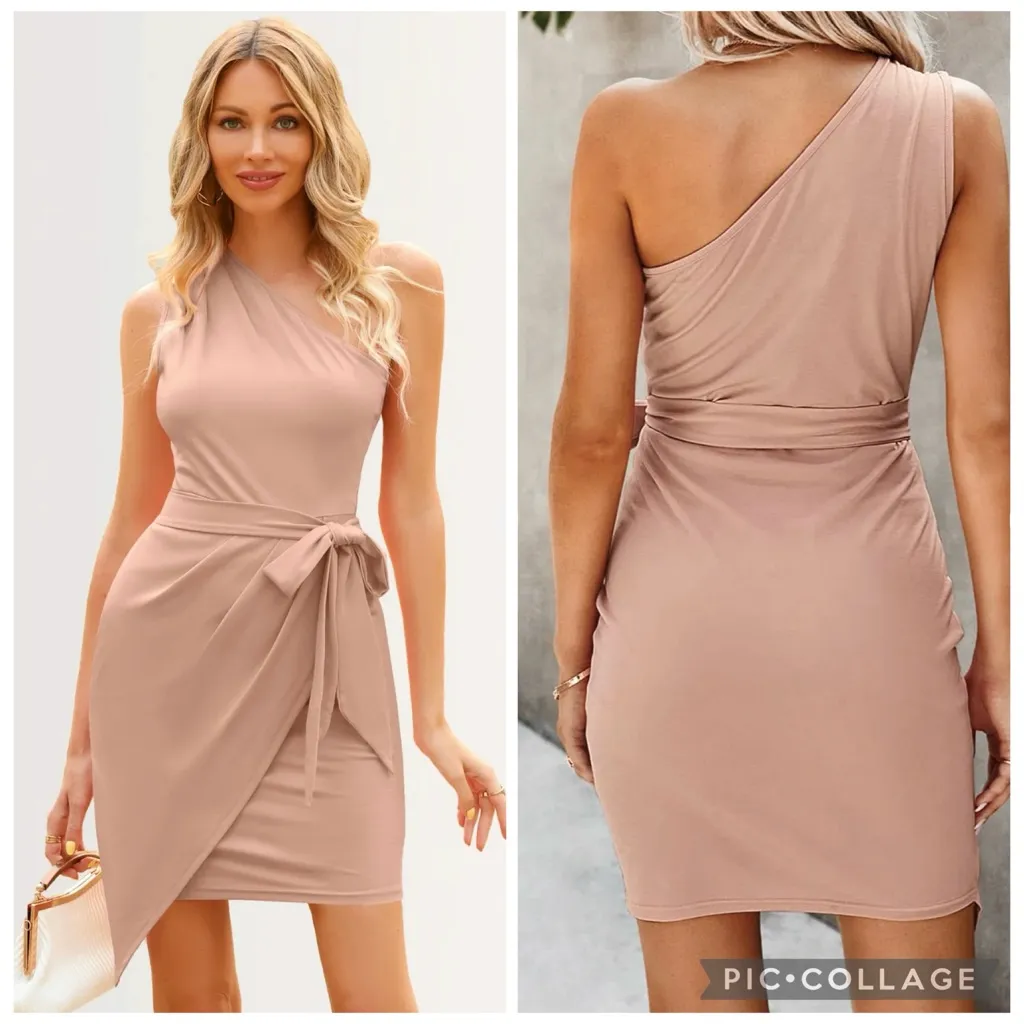 NWT PrettyGarden Dress One Shoulder Mini Body-con Asymmetrical Hem Nude Pink L - Image 3