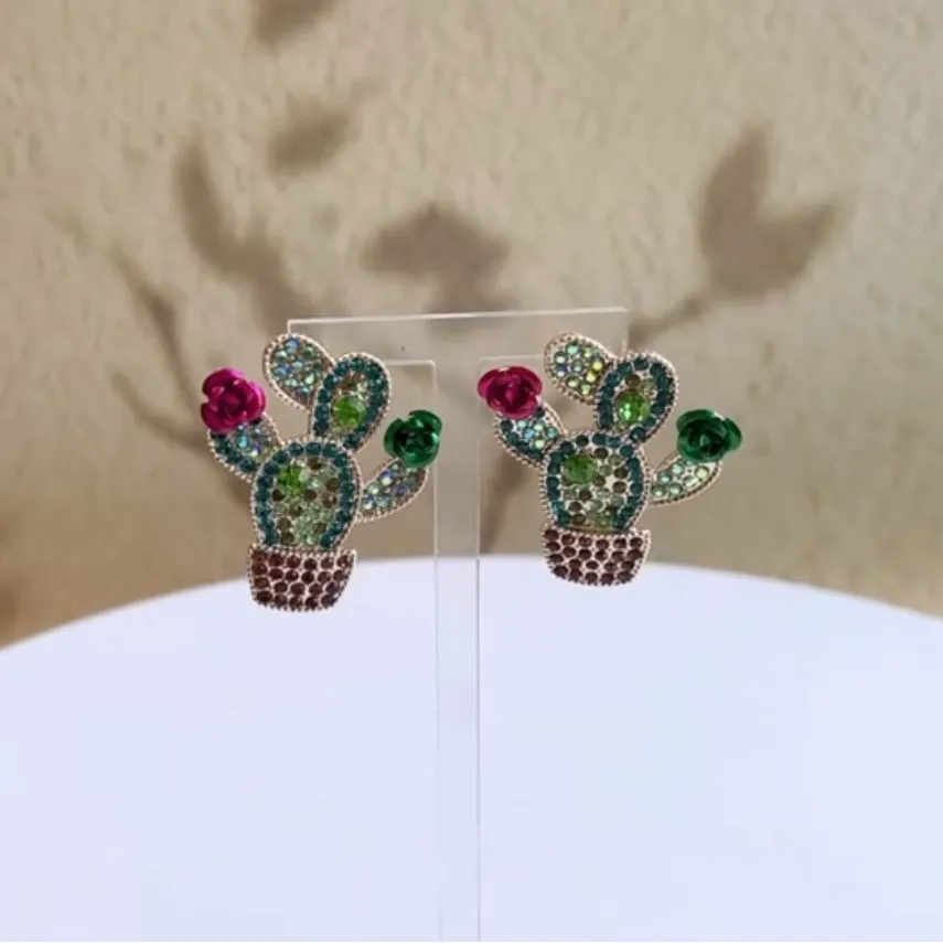 Colorful Rhinestone Cactus Statement Earrings – Western Desert Style – NWT Green - Image 4