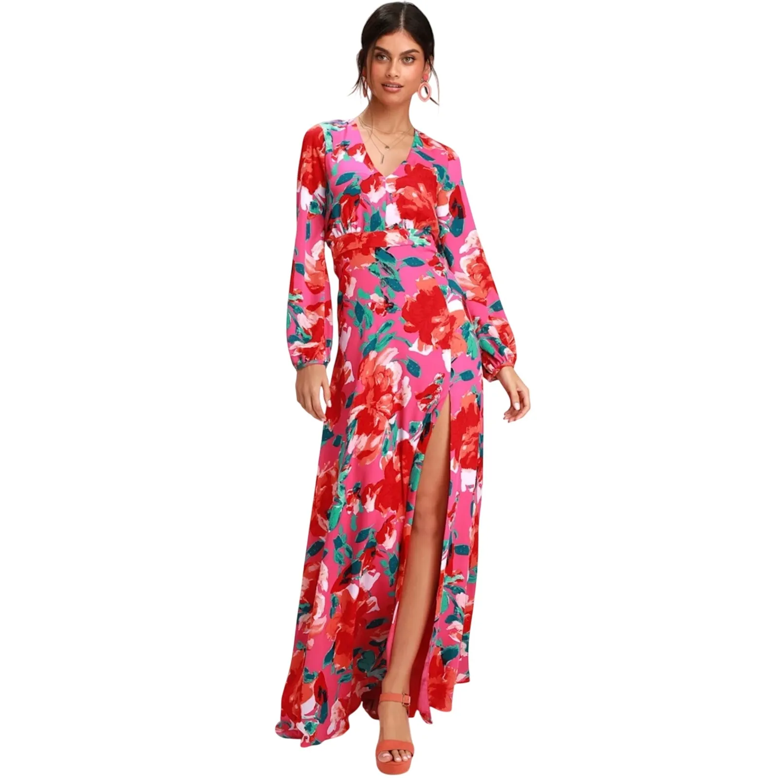NWT LULUS Women’s Boho Carolita Magenta Floral Long Sleeve Maxi Gown - Image 2