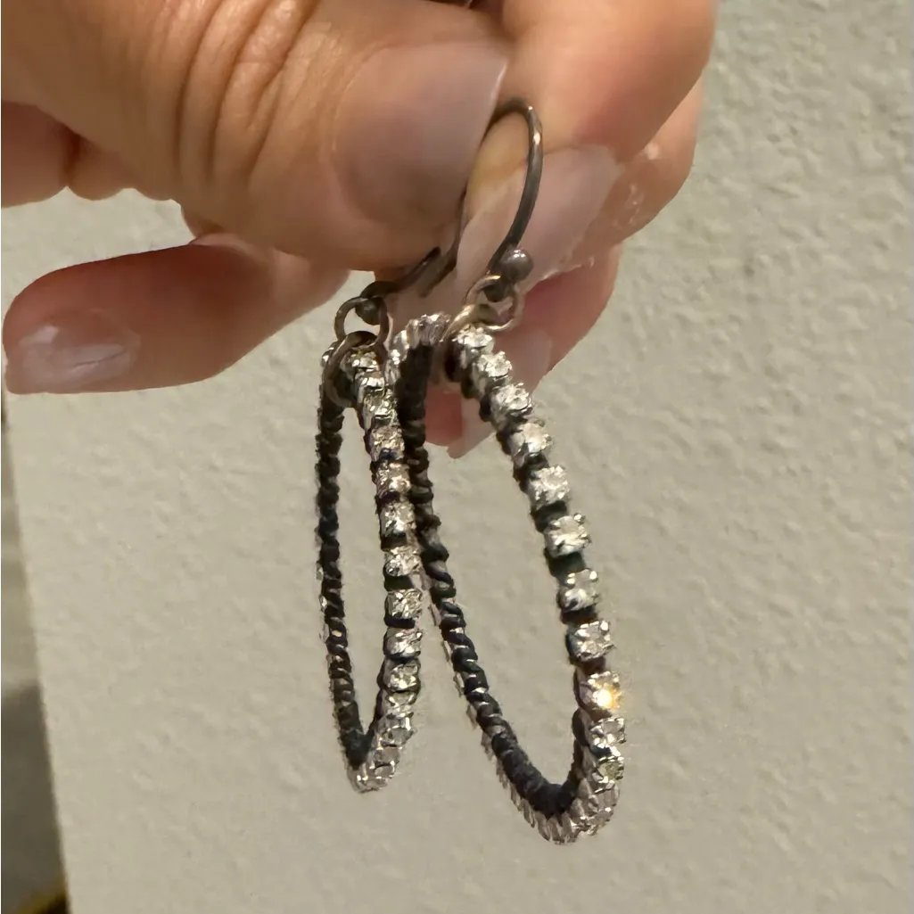 Saks Fifth Avenue Black and Silver Diamond Dangle Hoop Earrings - Image 12