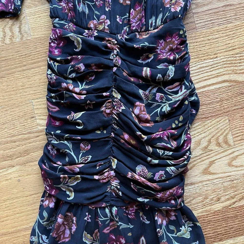 ALC‎ Haven 100% silk Dress Rusched Silk Floral Chiffon Print Black Lined - Image 10