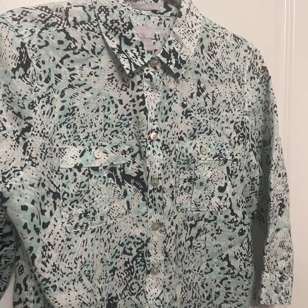 Chicos Top Blue White Button Tunic Shirt No Iron Linen 3/4 Sleeve Size O Small - Image 3