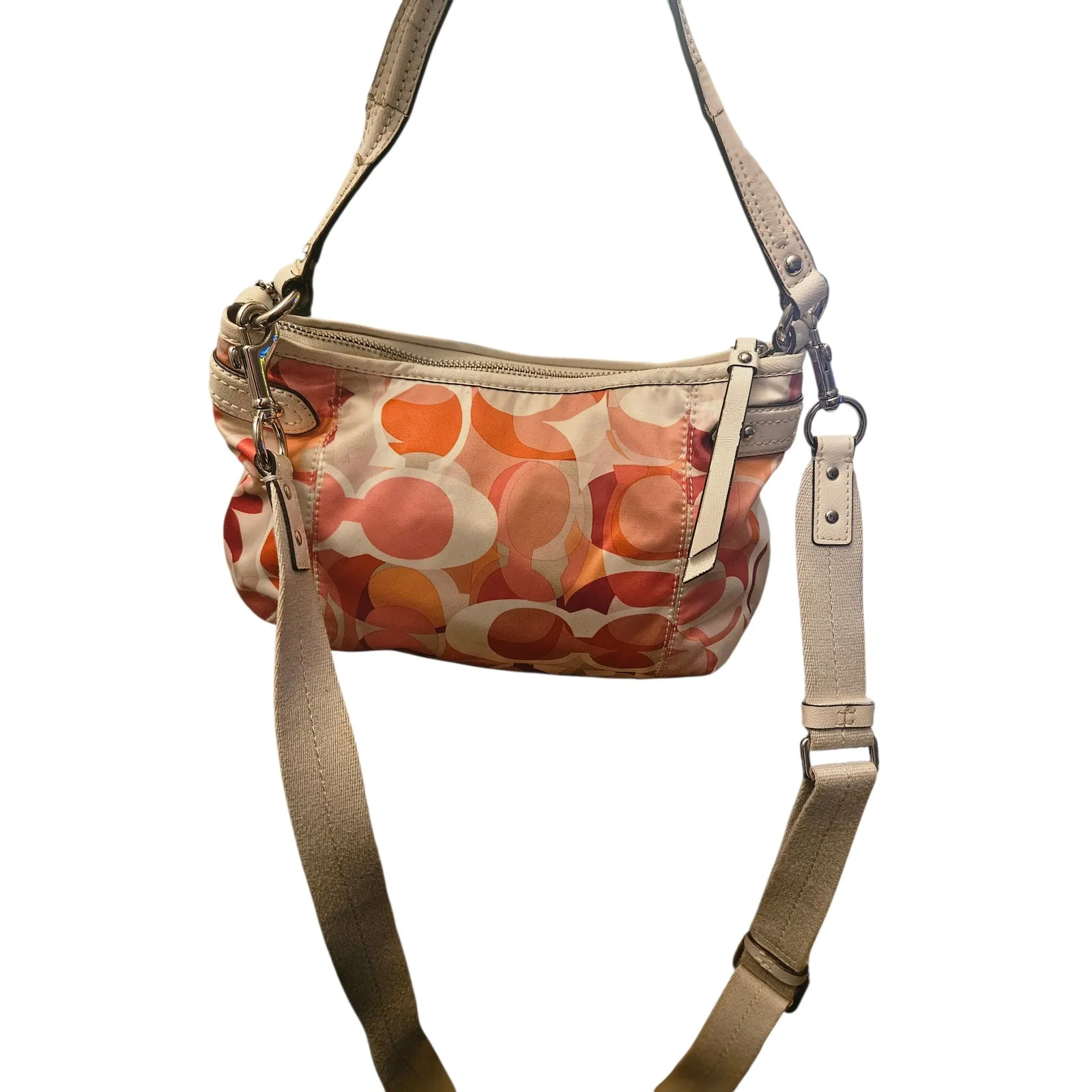 Coach Poppy Signature C Print Convertible Shoulder Bag Pink Orange White Tan - Image 9