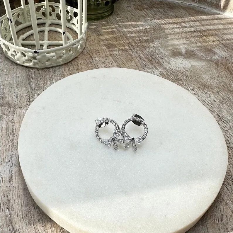 Silver Wreath Ribbon Crystal Stud Earrings - Image 8