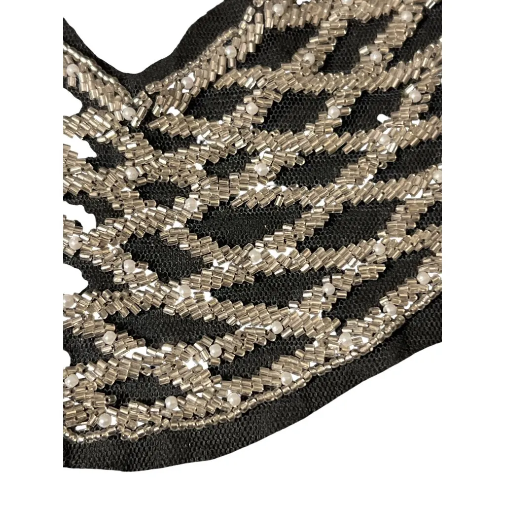 Vintage Beaded Mesh Collar Necklace Bib Sequins Black Satin Ties Estate NWOT Silver - Image 2