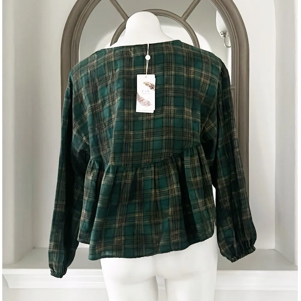 Chelsea & Violet Plaid Peplum Cropped Top in Olive, Size XS New w/Tag - Image 4