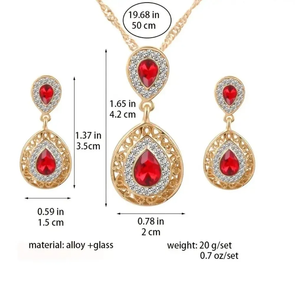 Vintage Looking Water Drop Pendant Necklace and Dangle Earrings Jewelry Set Red - Image 3