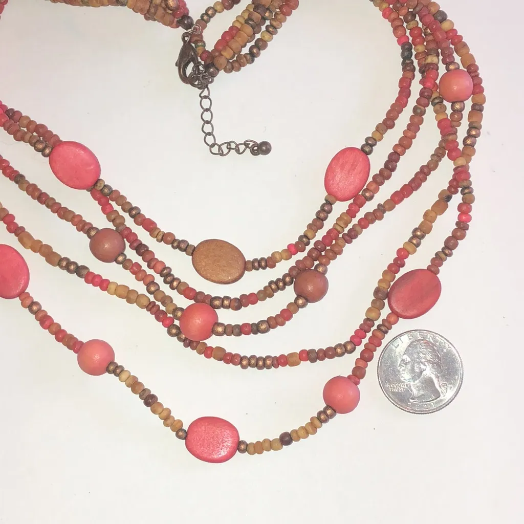 Multicolor Pink Tan Wooden Beaded Boho Necklace Brown - Image 3