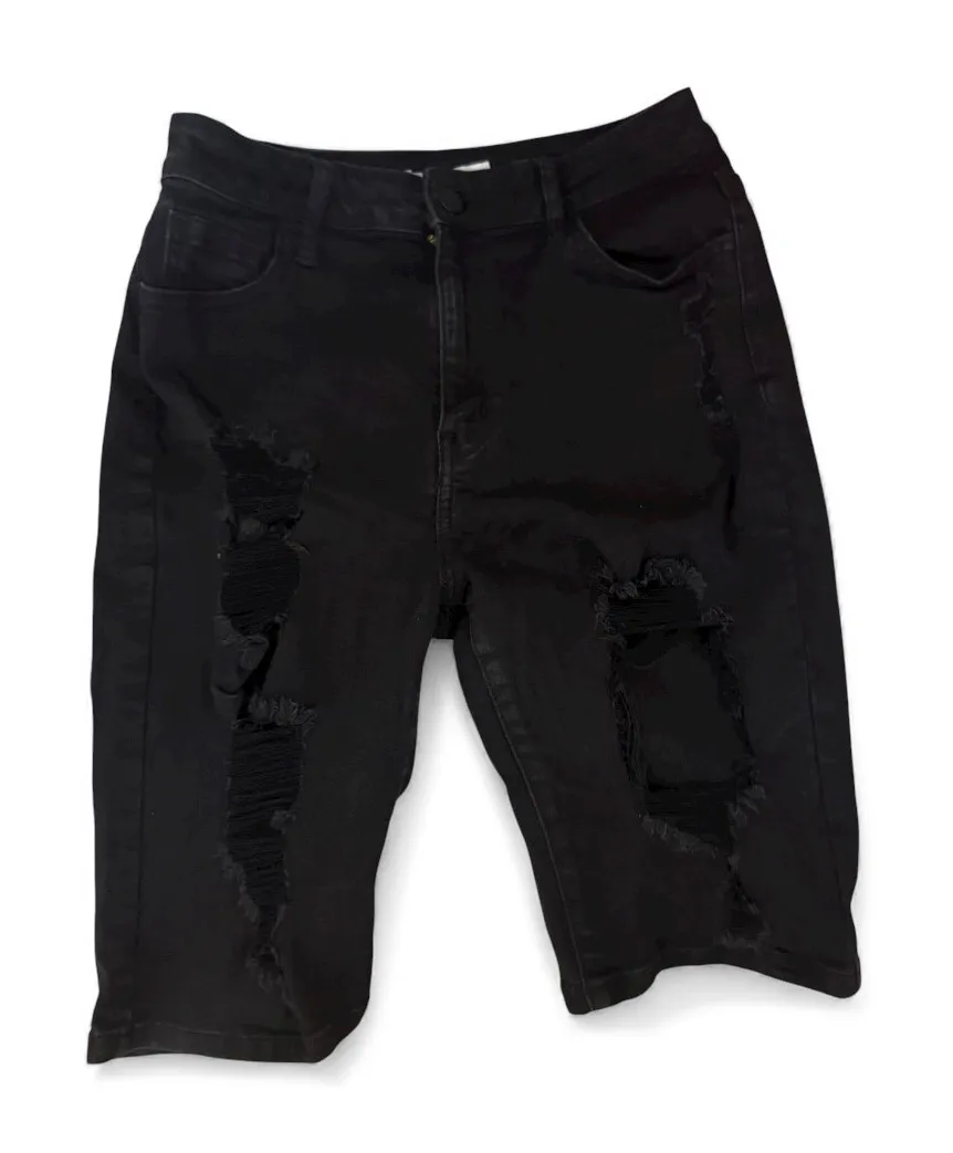 Encore Sz Large Juniors Stretchy Black Distressed Bermuda Shorts Jeans Destroyed - Image 1