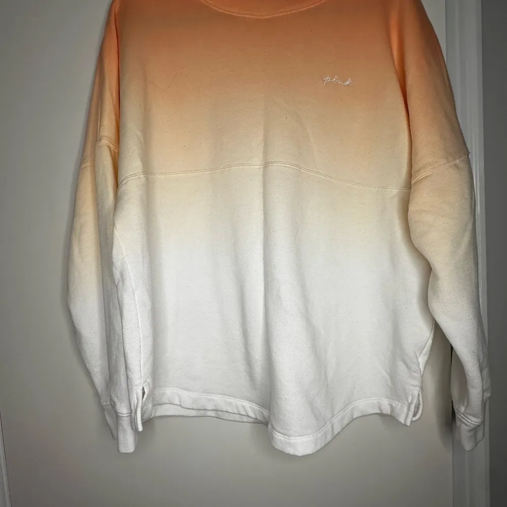 Victorias Secret Pink Varsity Crew Pullover. Ombré Orange/White. Love Pink. LG. - Image 4