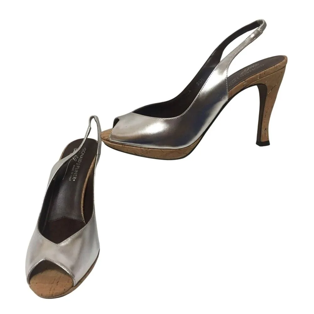Donald Pliner Couture Cork Metallic Silver Leather Pump Shoe New Slingback $285 Size 8.5 - Image 2