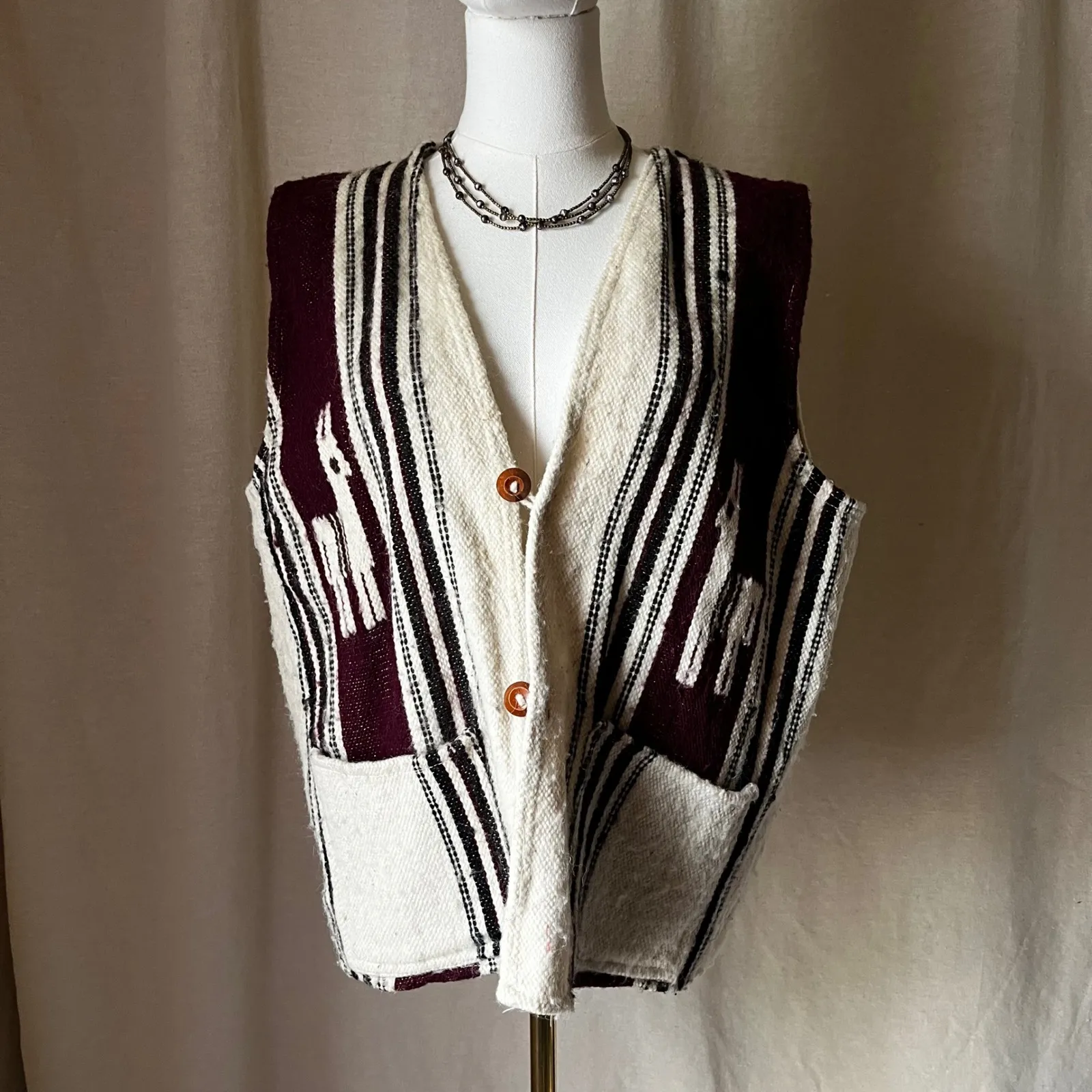 Vintage Handwoven Llama Pattern Wool Boho Striped‎ Button Vest Pockets L/XL Red - Image 8