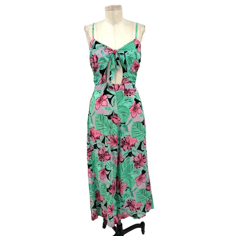 Cleobella Angelina Hawaii Tie-Front Jumpsuit Green Pink Floral Palm‎ Size Small - Image 4