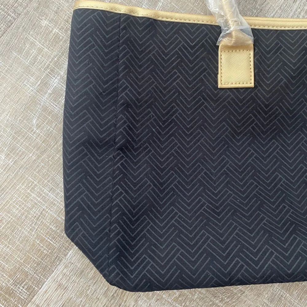 Black & Gold Tote Bag Purse Chevron Print Modern Shoulder Bag Gift Travel Beach - Image 6