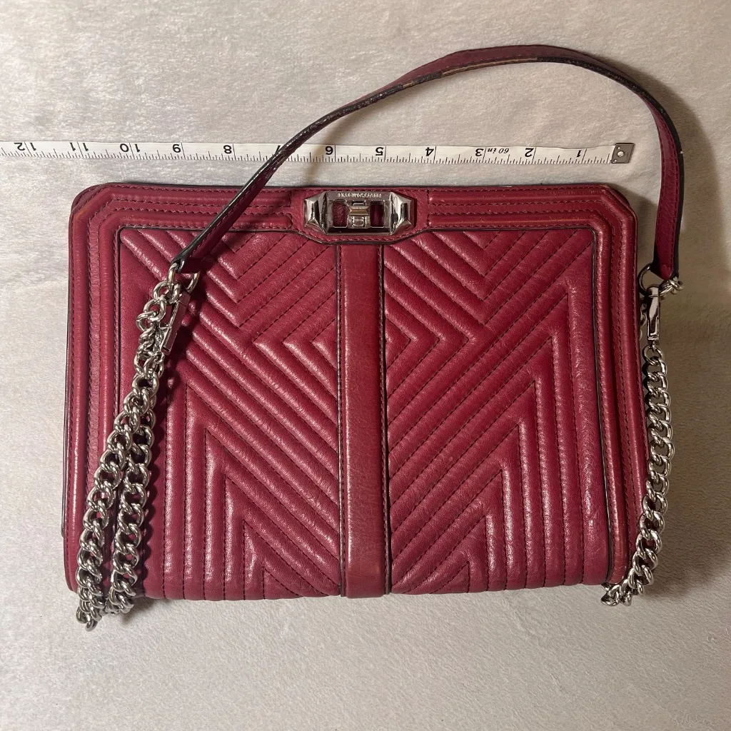 Rebecca Minkoff Love Crossbody Bag Burgundy Quilted Leather Silver Chain - Image 7