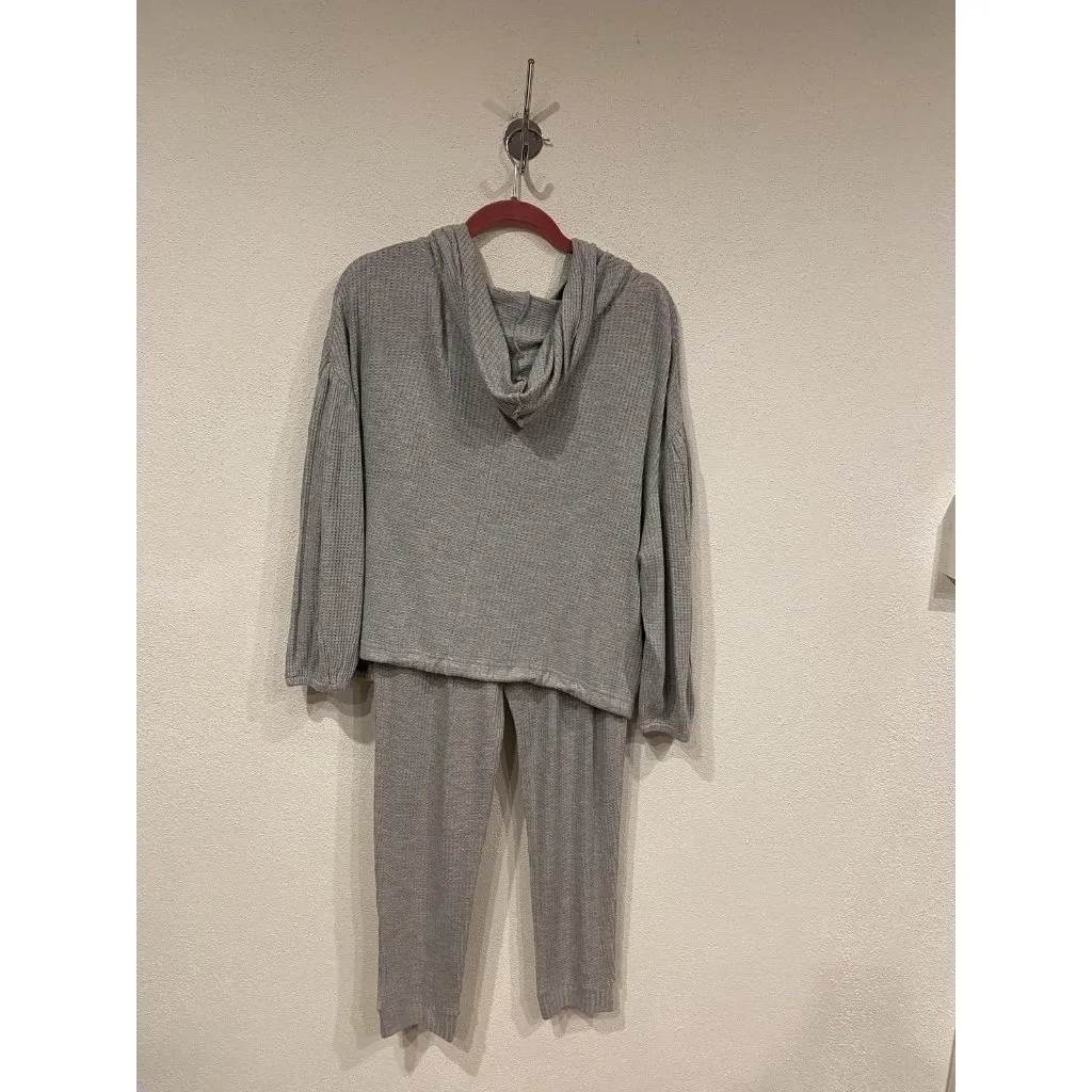 L*SPACE Lounge Set Womens Small Gray Waffle Knit Hooded Top Pants 2 Piece Outfit - Image 4