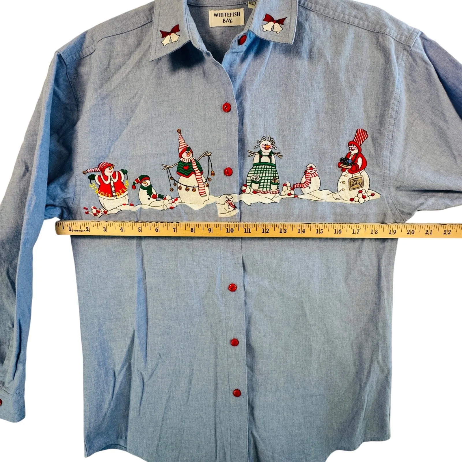 Vtg Christmas Snowman Shirt Chambray Denim Holiday Button Down Top S Festive Blue - Image 4