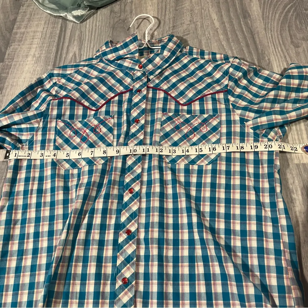 Brit & Brindle Turquoise Blue Pink Gem Buttons Western Shirt; Large Women’s - Image 7