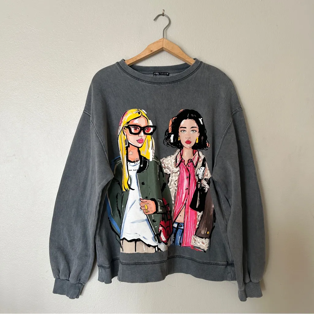 Vintage Style Y2K Artsy Fashion Oversized Graphic Pop Art Charcoal Gray Sweater - Image 3