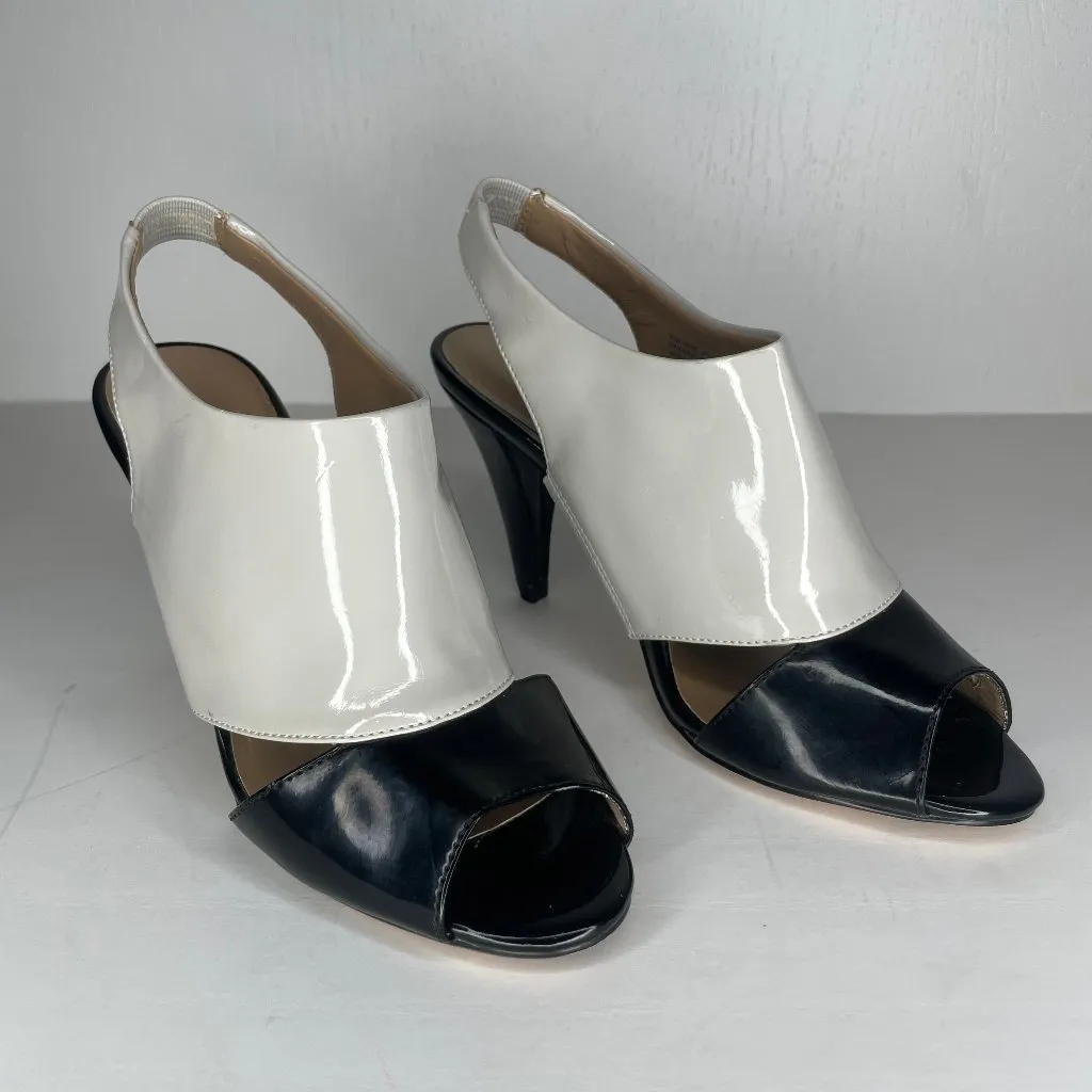 Taupe Black Patent Leather Spats Style Peep Toe Heels Sz 6M Occasion - Image 2
