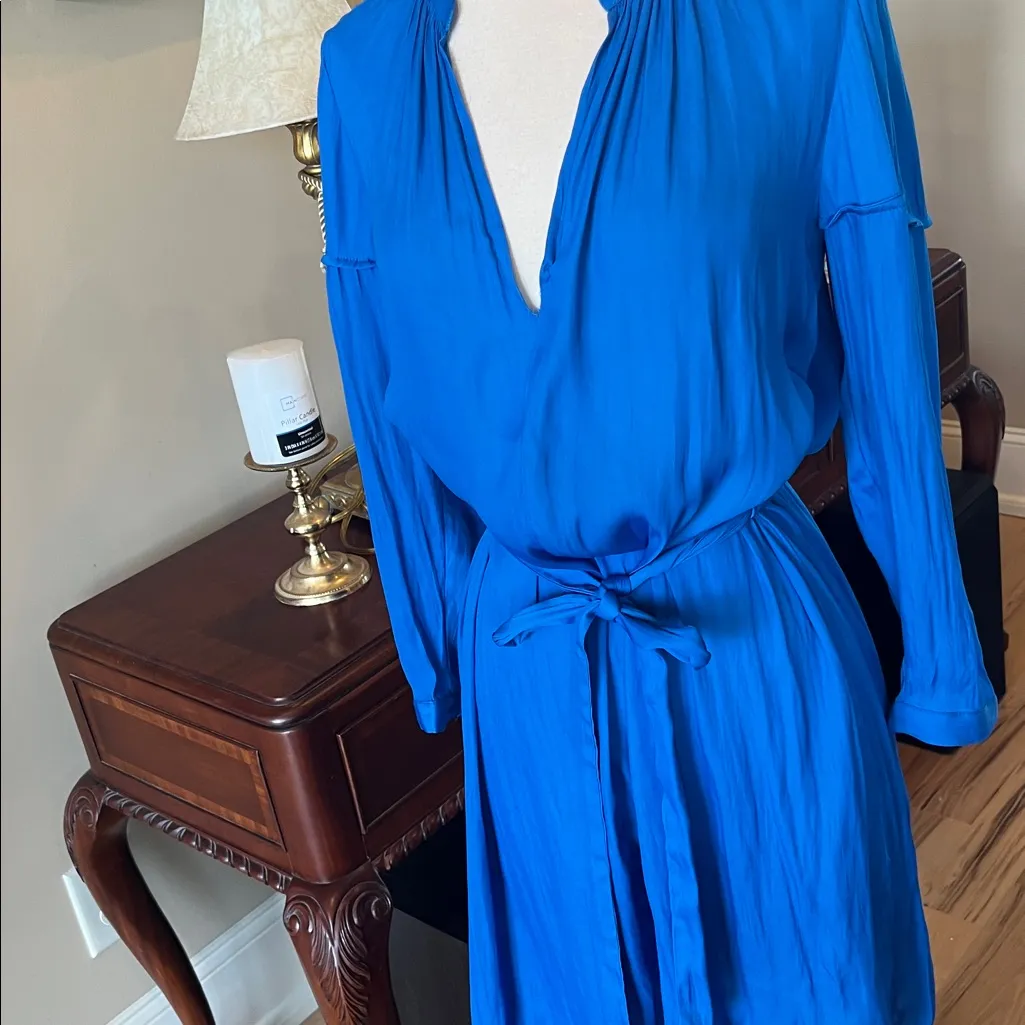 Current Air Blue Silky Tie Sash Dress Long Sleeve Midi New - Image 4
