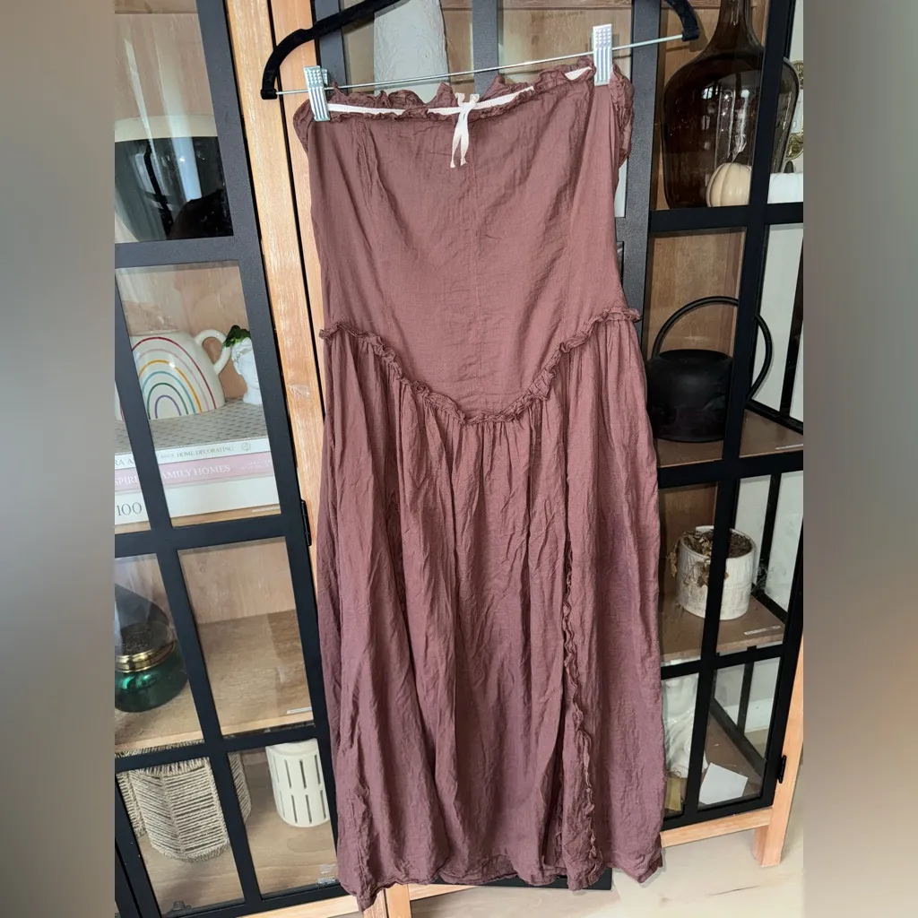 KIMCHI BLUE Ammie Strapless Midi Dress chocolate bow ruffle coquette cottage - Image 11