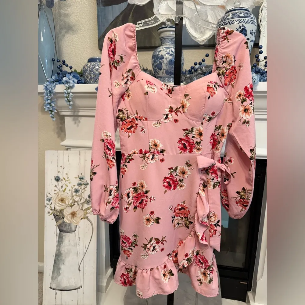 Pink Floral Ruffle Smocked Tie Large Sweetheart Puff Sleeve Ruffle Hem Dress - Image 3