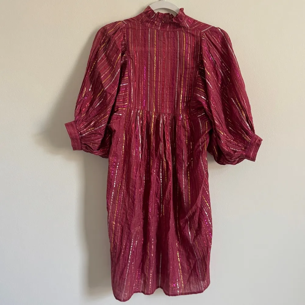 Never A Wallflower High Neck Dress Size XS Metallic Stripe Puff Sleeve Pink Red - Image 6