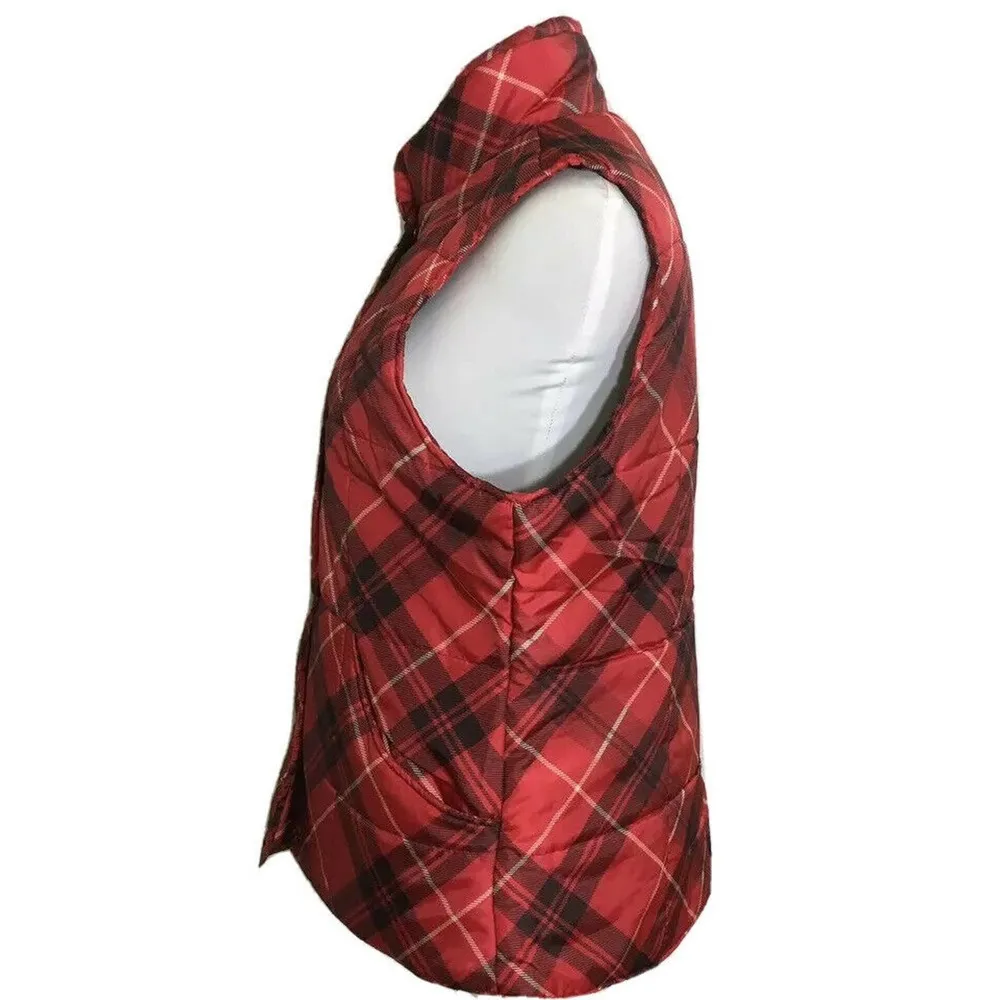 Womens Izod Red Black White Plaid Snap Front Puffer Vest Size M - Image 4