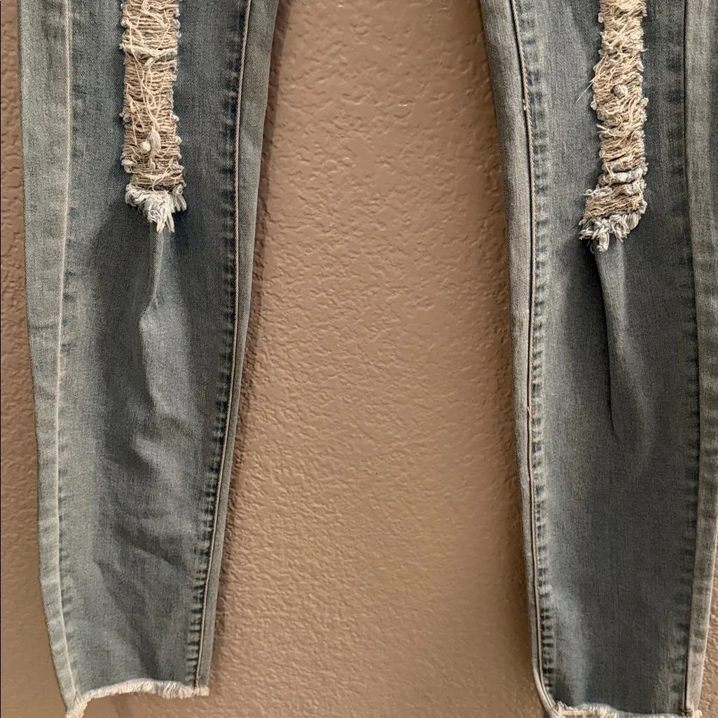 Purple Candy Distressed Light Wash Skinny Jeans Raw Hem Ripped Denim Size L Blue - Image 4