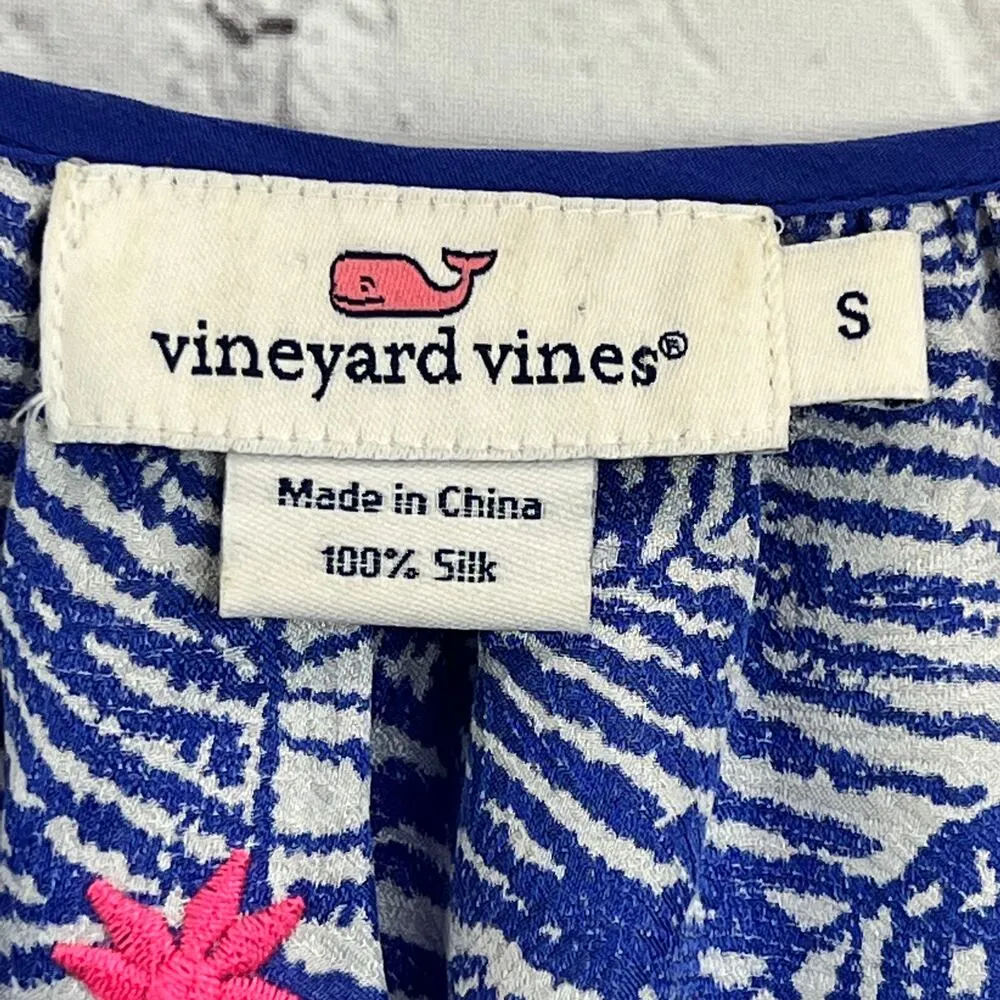 Vineyard Vines Silk Blouse Top Blue Pink Palm Print Long Sleeve S Embroidered - Image 3